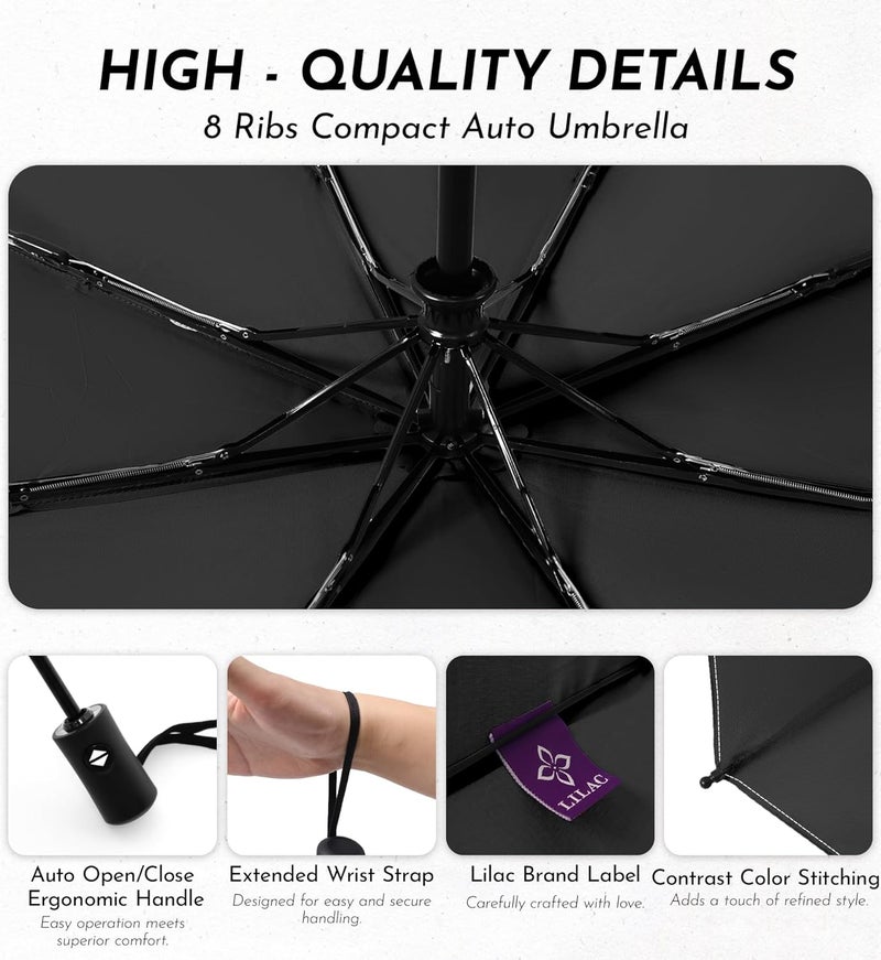 Lilac Compact Travel Windproof Umbrella, 43" Auto open/close Folding Quick Dry Umbrellas for Rain, Lightweight Portable Small for Backpack Car, Thoughtful Gift for Women Men Kids, TSA Approved - Image 5